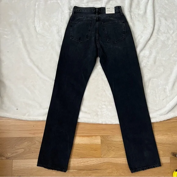 AGOLDE Black Jeans Lana Mid Rise Vintage Straight Jeans Gray 24 Distressed Rips - Picture 8 of 9